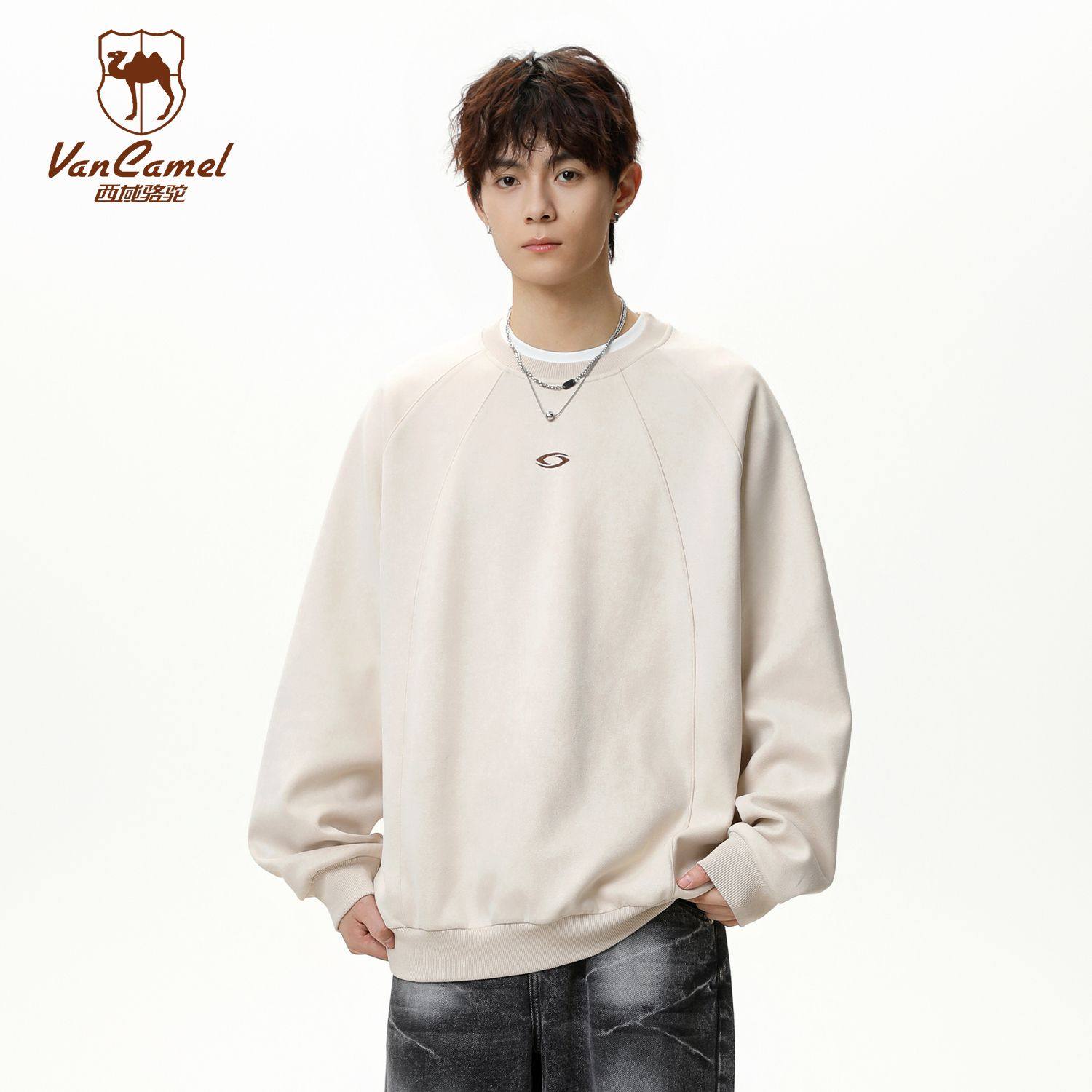 VANCAMEL西域骆驼美式高街刺绣卫衣男女秋季新款宽松休闲圆领上衣