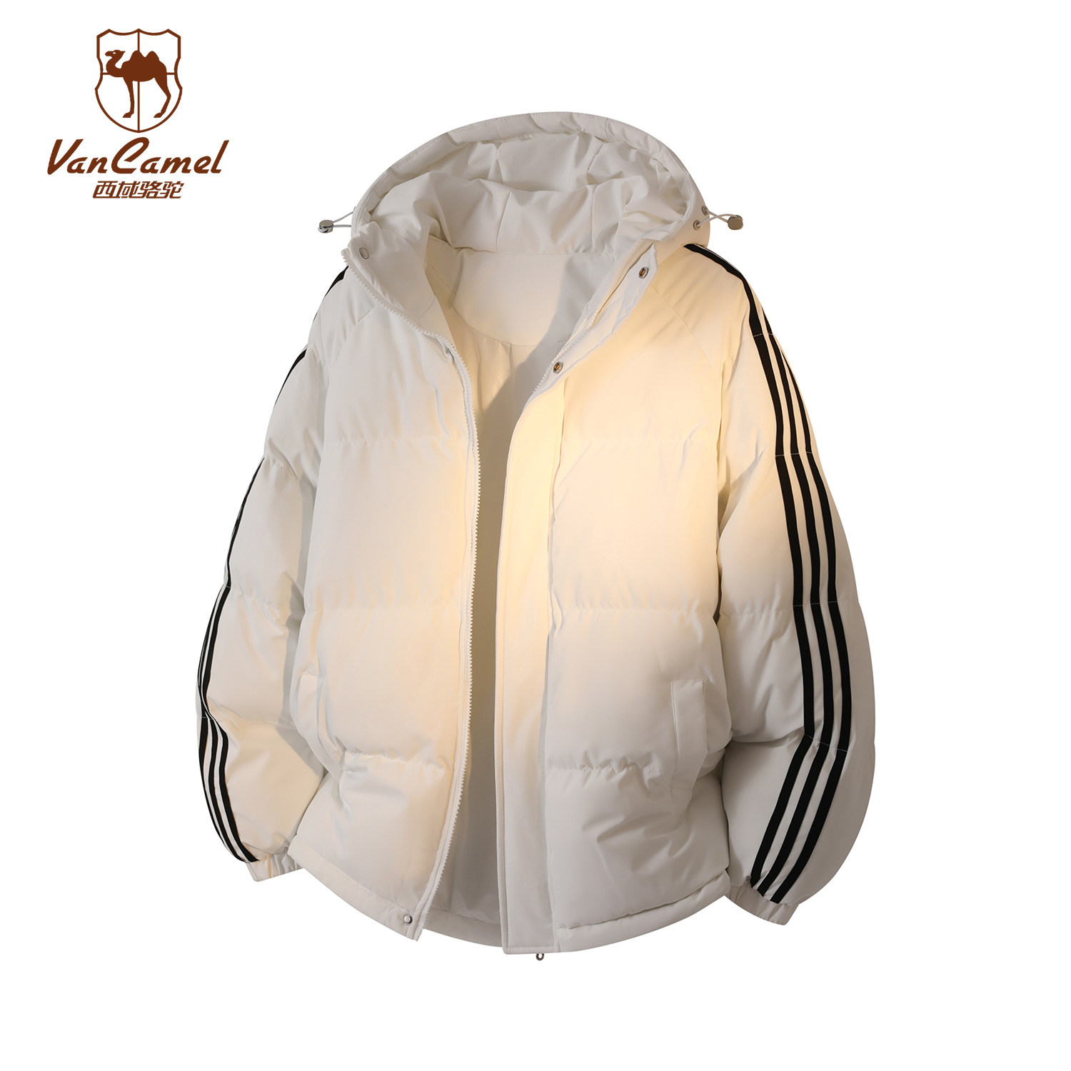 VANCAMEL西域骆驼美式条纹连帽棉服男女冬季加厚保暖宽松休闲棉衣