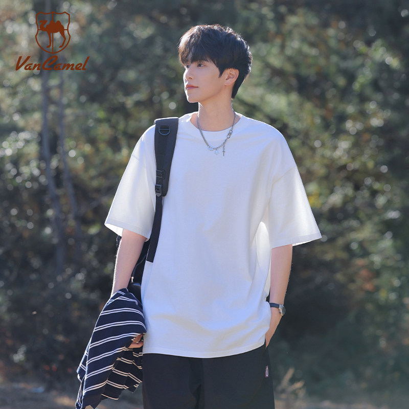 VANCAMEL/西域骆驼220G重磅纯棉短袖男女同款舒适透气圆领T恤上衣
