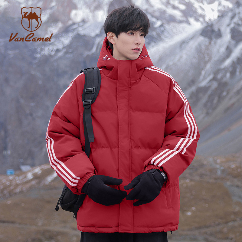 VANCAMEL西域骆驼美式新年红条纹连帽棉服情侣款冬季加厚保暖棉衣