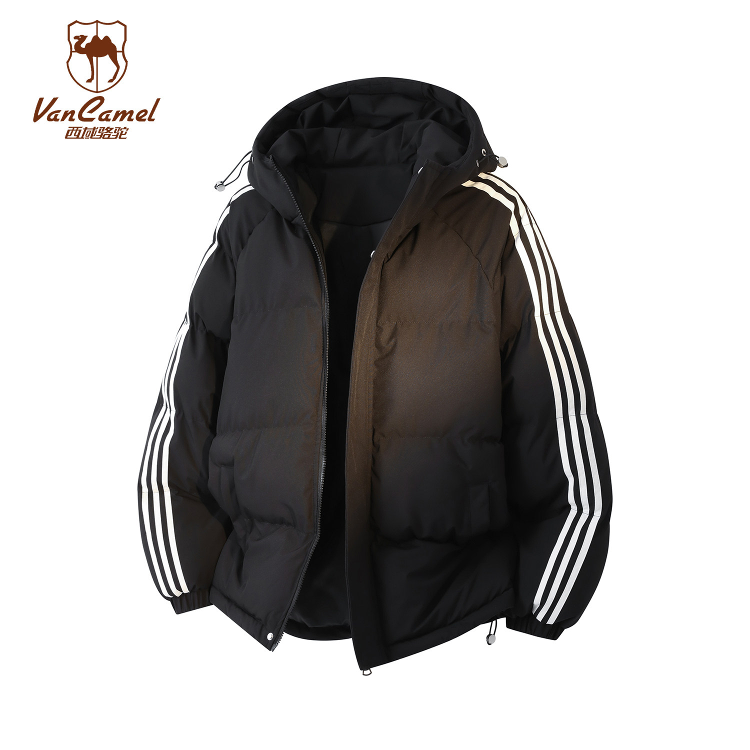 VANCAMEL西域骆驼美式条纹连帽棉服男女冬季加厚保暖宽松休闲棉衣