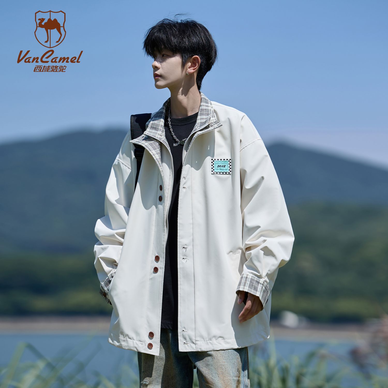 VANCAMEL西域骆驼假两件拼接格子立领夹克男秋季宽松痞帅上衣外套