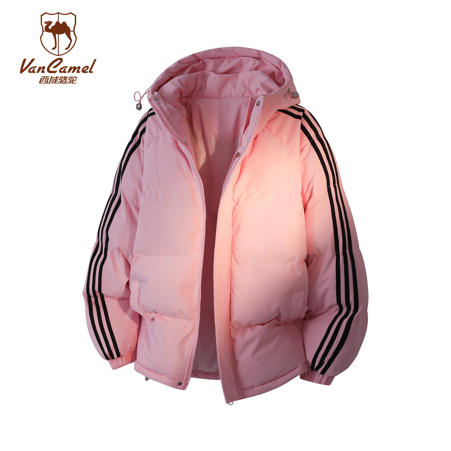 VANCAMEL西域骆驼美式条纹连帽棉服男女冬季加厚保暖宽松休闲棉衣