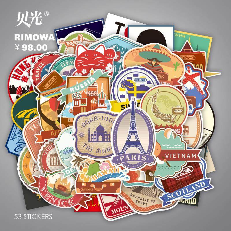 贝光覆古日默瓦行李箱贴纸世界旅行建筑地标贴画 画笔记本墙壁装