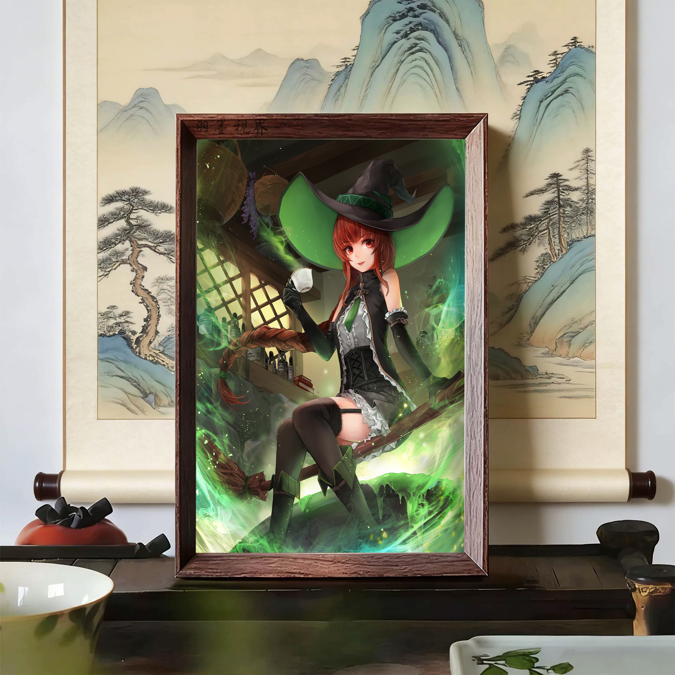 日系魔法扫帚魔女同人相框摆件
