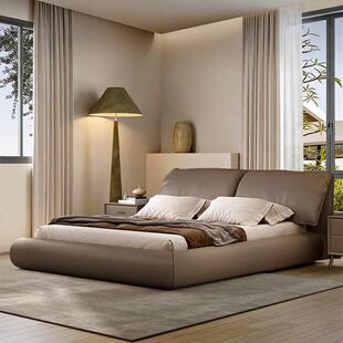 意式极简大象耳朵真皮床榉木床现代简约2米主卧大床高端落地皮床