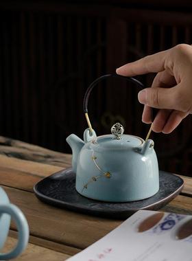 手工锯钉汝窑提梁茶壶｜泥视界李辉熠复古汝瓷中式陶瓷盖碗西施壶