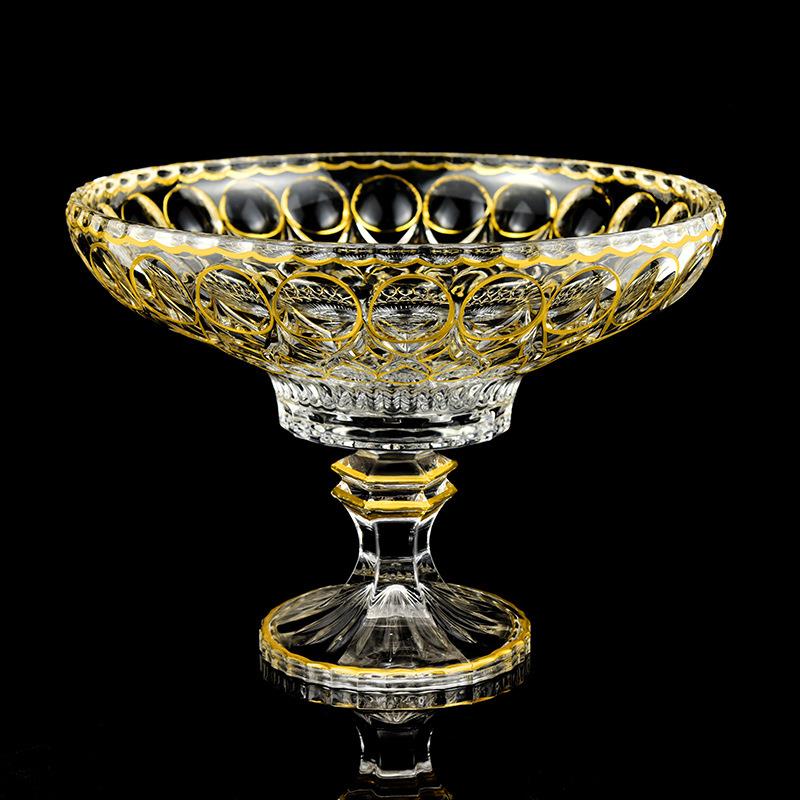 欧式轻奢大号水果盘水晶玻璃果斗八字花果盘创意金边高脚干果盘