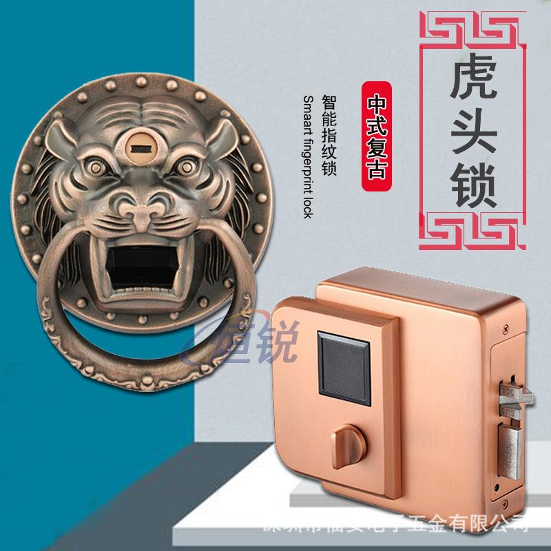 烜锐防水指纹锁别墅双开大门仿古铜门木门铁门虎头兽首拉环智能锁