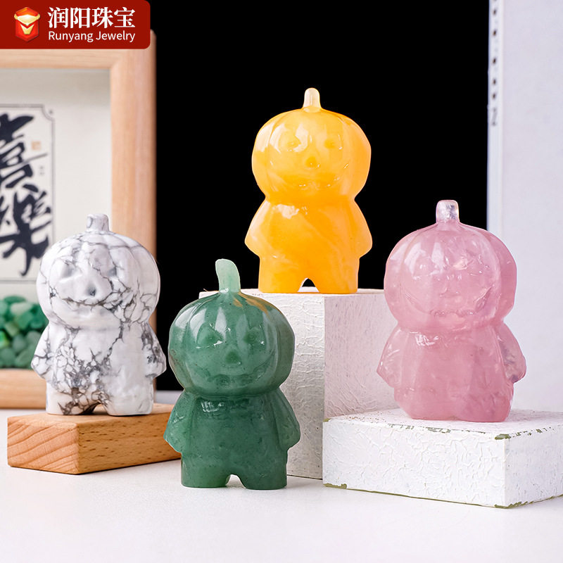 天然水晶原石南瓜小人雕刻件万圣节南瓜头幽灵水晶工艺品摆件批发
