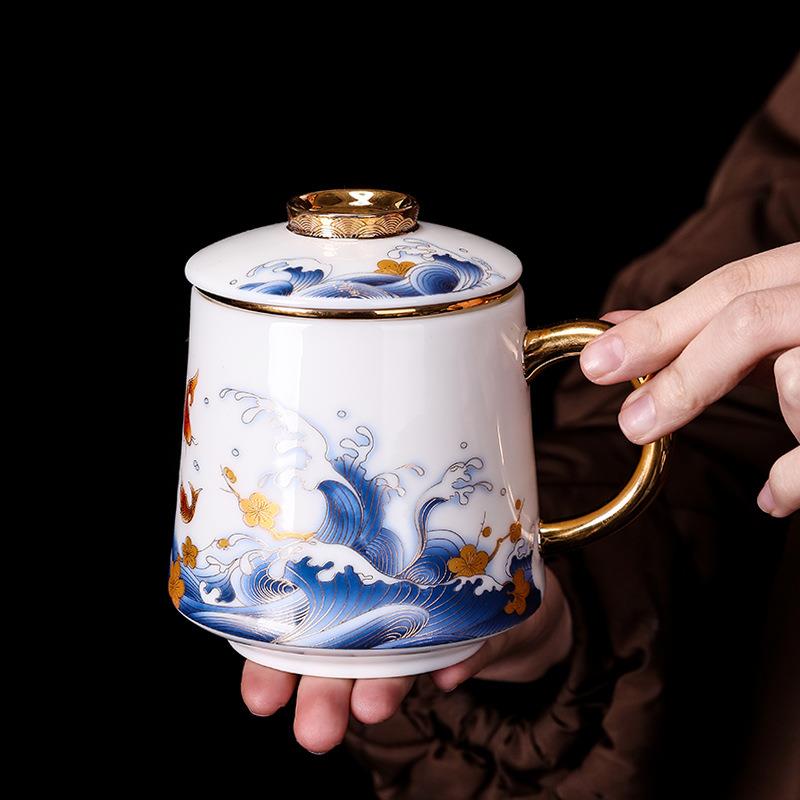 德化羊脂玉茶杯陶瓷带盖过滤杯子马克杯茶杯轻奢杯子老板杯办公杯