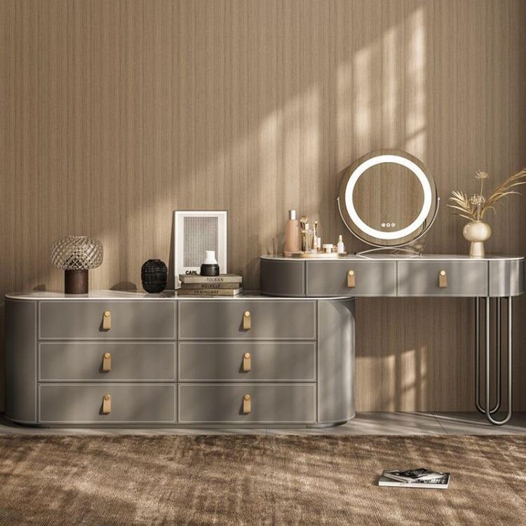 轻奢意式马鞍皮实木化妆桌梳妆台床尾柜一体卧室斗柜转角设计师