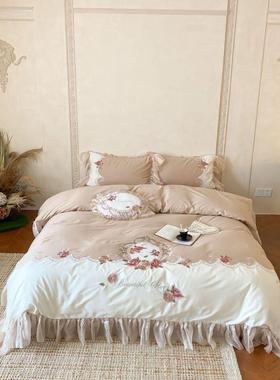 法式100支澳棉复古花卉贴布绣玻璃纱花边床上用品四件套少女卧室+