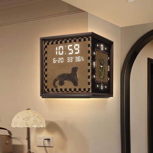 中古风金钱豹转角时钟双面挂钟创意葫芦拐角钟表复古万年历电子钟