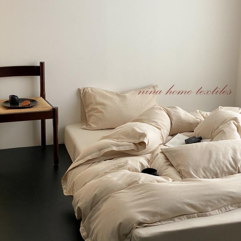 新款春秋复古素色手工珠边线双层纱床单被套四件套1.8m床笠式床品