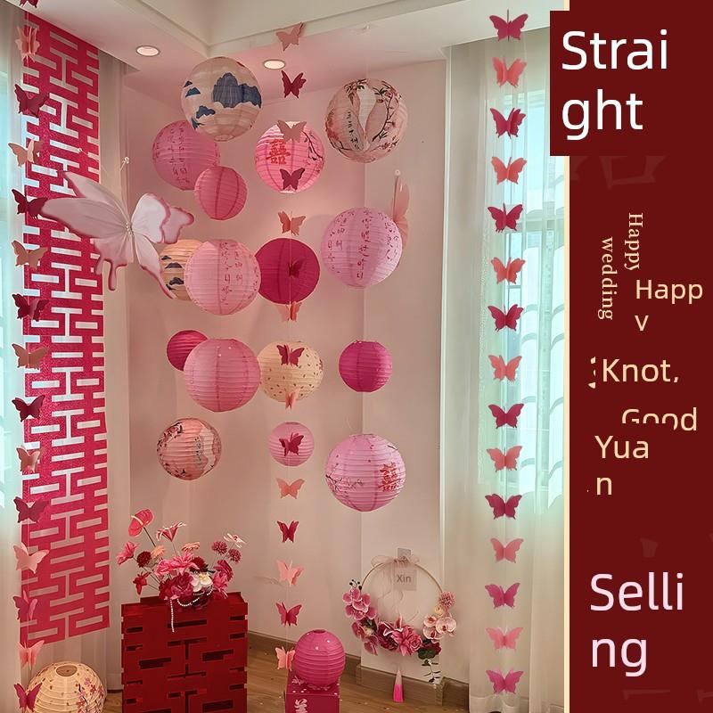 2025礼服背景布局照片道具粉红色灯笼瀑布新的婚礼装饰成套男女成