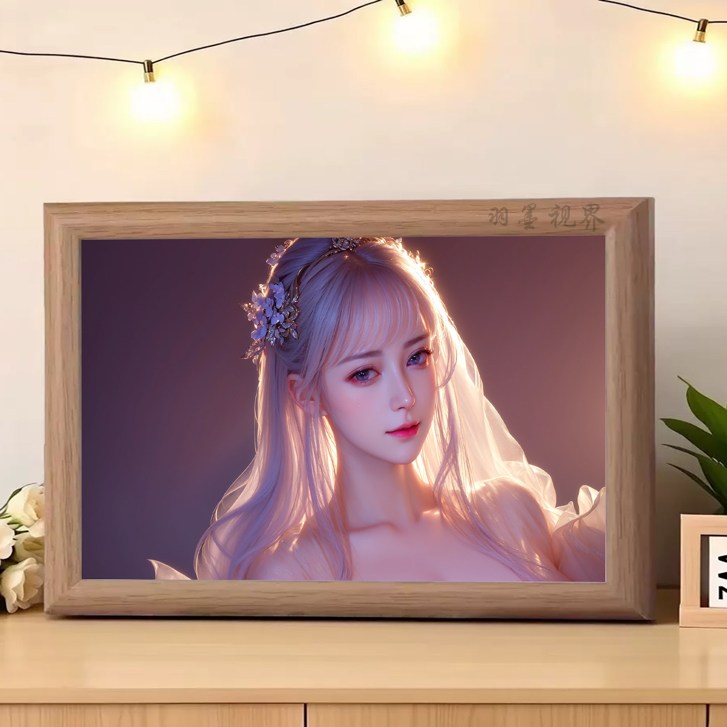 梦幻光影紫发新娘少女木质摆件