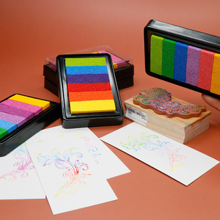 。六色渐变彩色印台橡皮章手帐手指画婚礼签到相册印泥渐变印泥盒