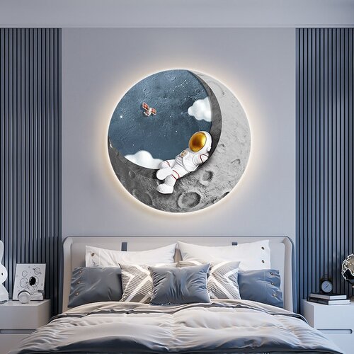 宇航员儿童房装饰画卡通创意男孩卧室床头挂画走廊过道LED灯画