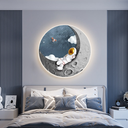 宇航员儿童房装饰画卡通创意男孩卧室床头挂画走廊过道LED灯画