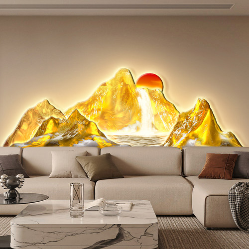 旭日东升背靠金山客厅带灯装饰画