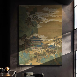 仙山楼阁新中式玄关挂画走廊过道古典风景壁画书房茶室竖版装饰画