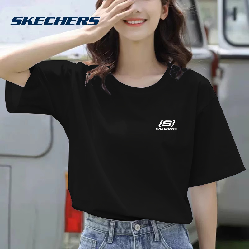 斯凯奇纯棉t恤短袖女款2025爆款透气半袖潮牌运动上衣女装黑色T恤