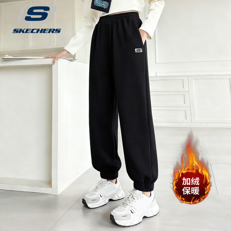 斯凯奇保暖运动裤女裤2025冬季新款显瘦束脚卫裤黑色加绒休闲裤潮