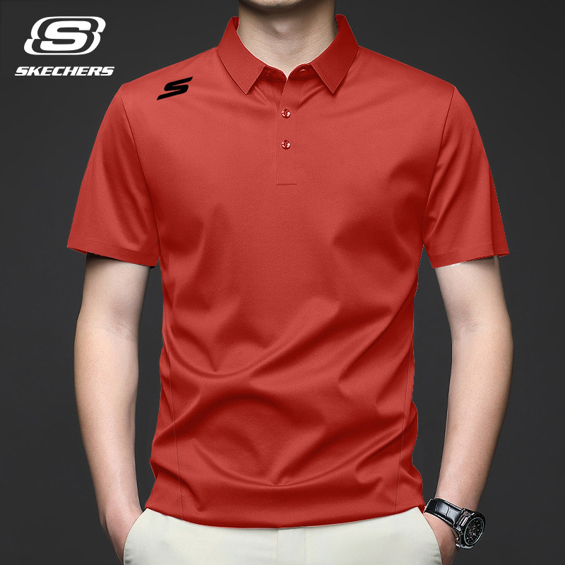 斯凯奇红色短袖男父亲节Polo衫纯色简约爸爸翻领T恤夏季透气半袖