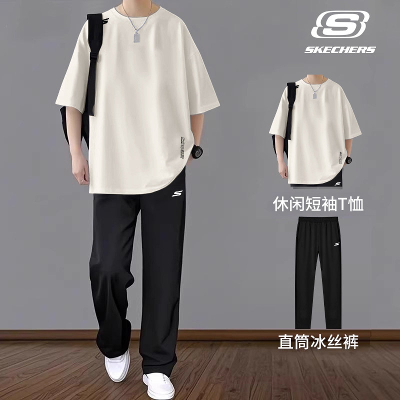 斯凯奇青少年运动套装男装速干短袖直筒长裤夏季新款潮流搭配一套