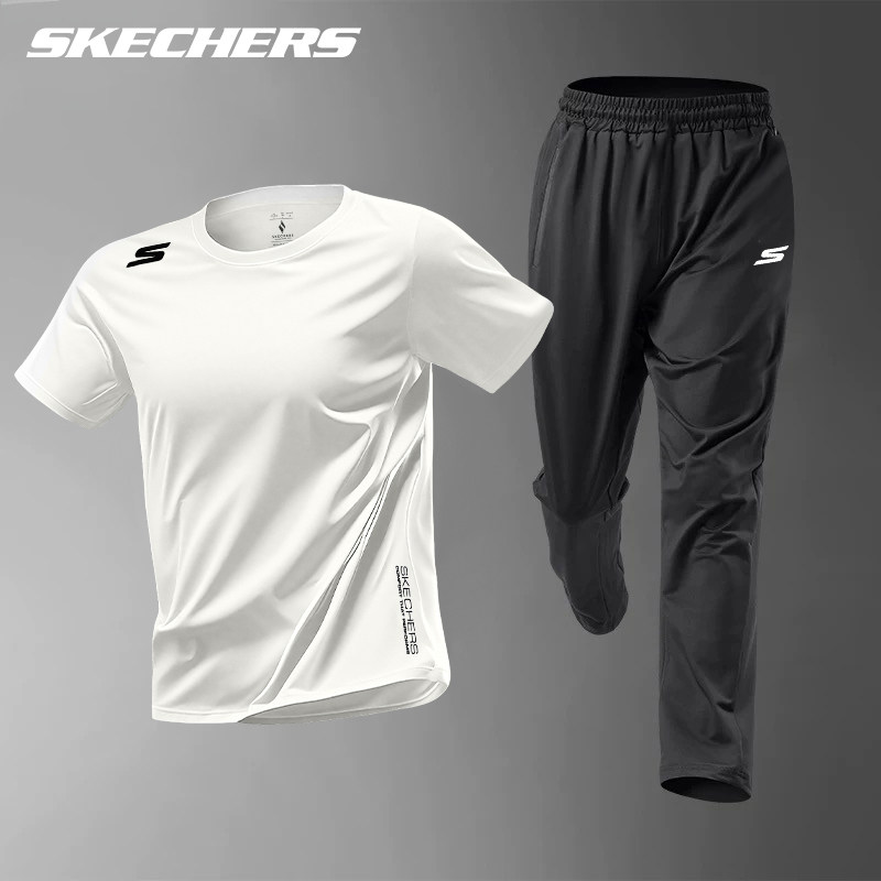 斯凯奇速干短袖长裤套装男夏季新款户外运动冰丝弹力大码男装两件