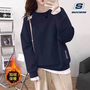 斯凯奇卫衣女款秋冬季加绒加厚无帽宽松大码长袖圆领套头休闲上衣