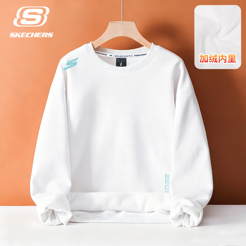 斯凯奇宽松保暖卫衣女士秋冬季2026新款加绒减龄上衣白色圆领外套