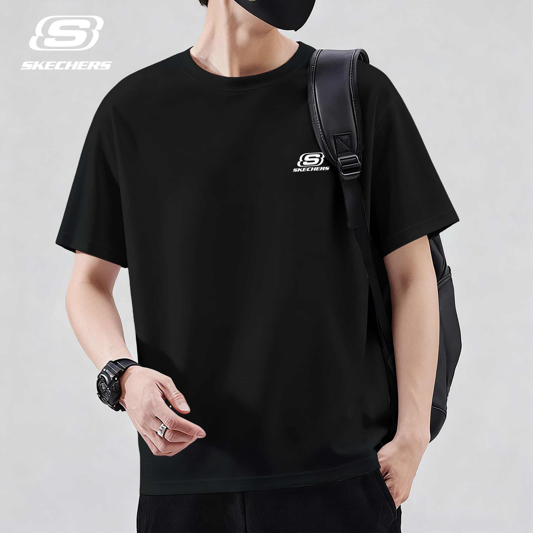 斯凯奇棉质短袖男士黑色印花健身T恤夏季运动半袖简约复古上衣潮