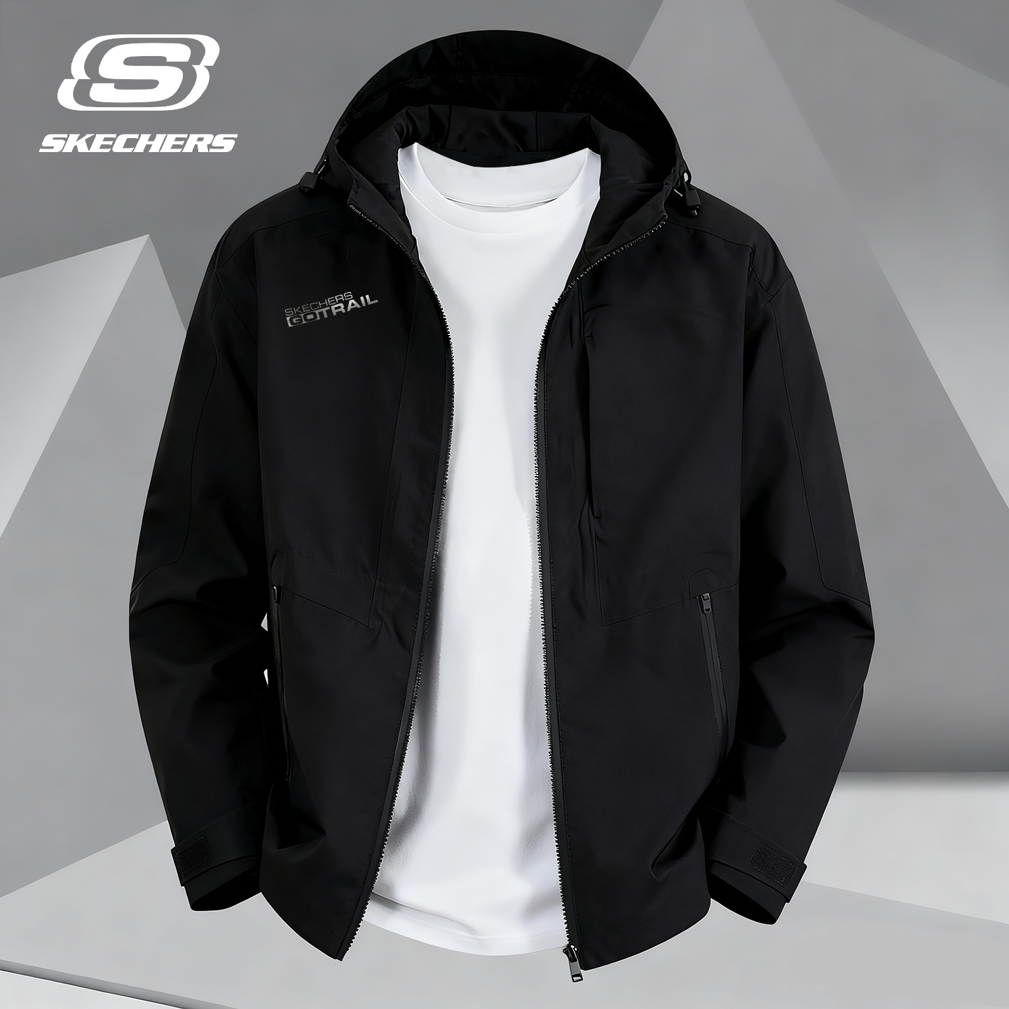 斯凯奇连帽外套男士梭织薄款黑色