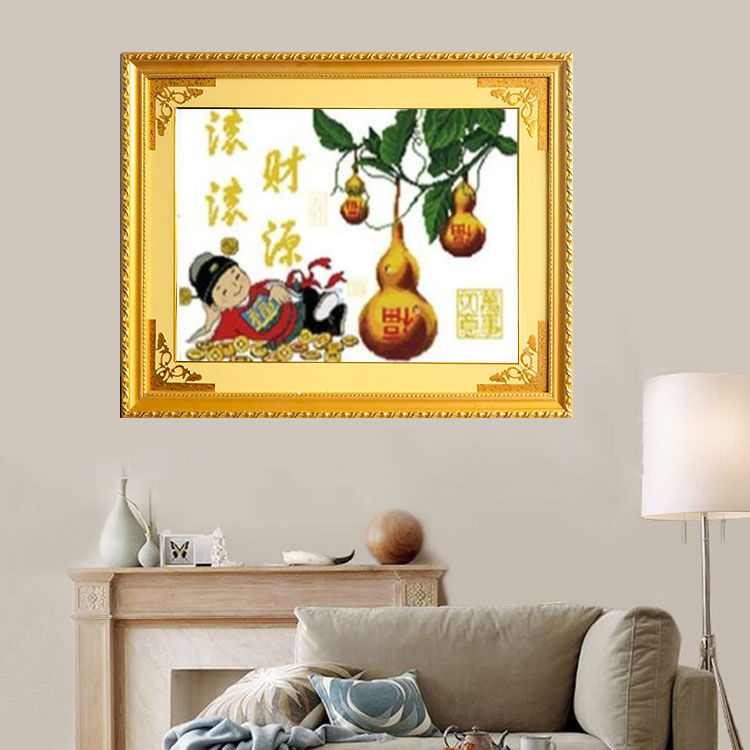 裱好的十字绣成品五福临门葫芦财源滚滚财神纯手工绣制带实木框架