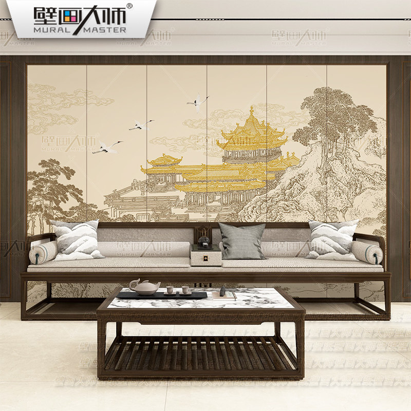 热销2023年新款壁布电视背景墙纸新中式壁纸山水楼阁装饰墙布建筑