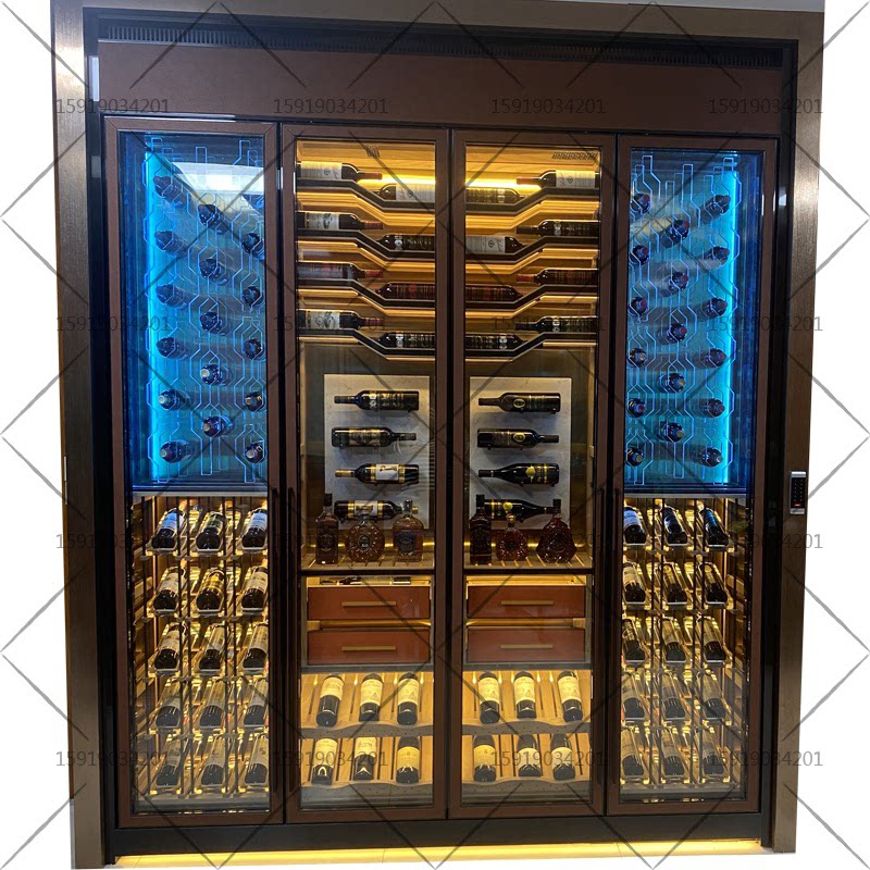 客厅嵌入式不锈钢恒温酒柜酒窖展示柜酒柜家用酒店高端红金属