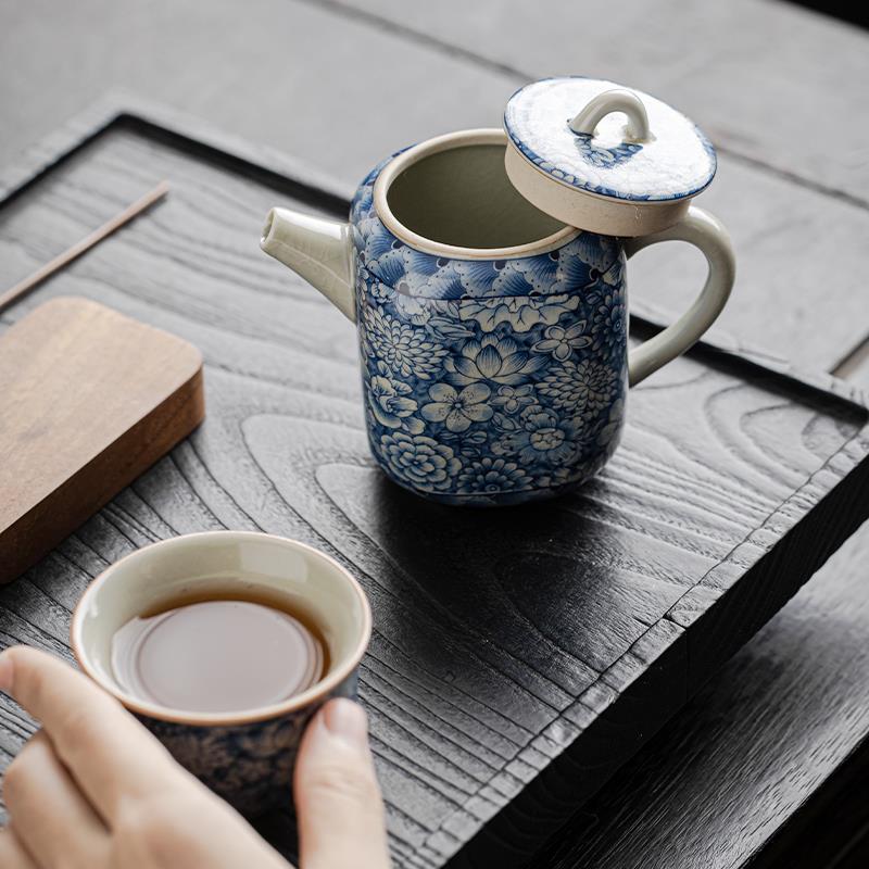 老陶泥汝窑青花茶壶复古手工家用四方陶瓷单壶功夫茶具开片泡茶器