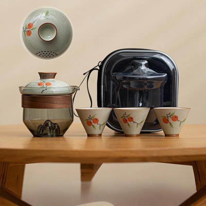 哥窑手绘旅行茶具户外露营快客杯一壶三杯玻璃手抓泡茶壶定制礼品,餐饮具,旅行茶具,淘宝优惠券,粉丝福利购,淘宝优惠卷