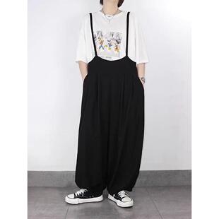 二两制衣日系覆古黑色背带裤女夏季宽松休闲减龄垂感阔腿灯笼长裤