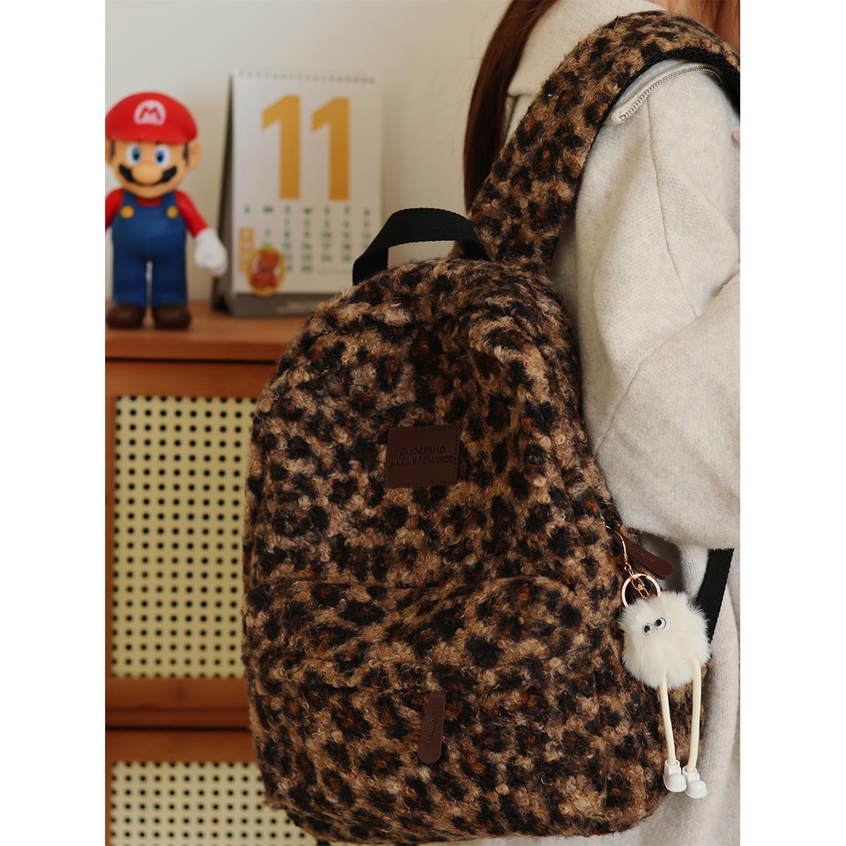 双肩包女2024新款秋冬日系ins覆古豹纹小众书包女大学生旅行揹包