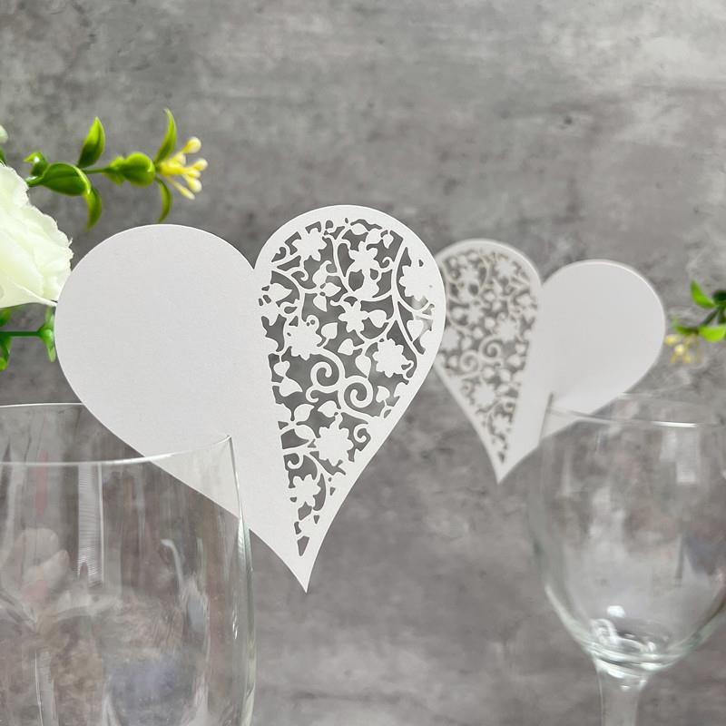 50张精美镂空花爱心红酒杯装饰插卡婚礼酒桌席位卡名字卡婚庆用品