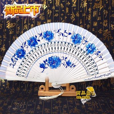 手绘青花瓷双面西班牙木质折扇烤漆手绘礼品扇子舞蹈道具工艺扇子