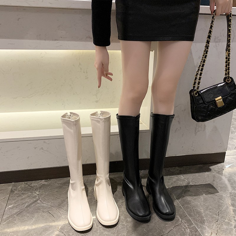 小个子长靴女不过膝高筒骑士靴春秋显瘦粗跟单靴白色大码长筒靴子