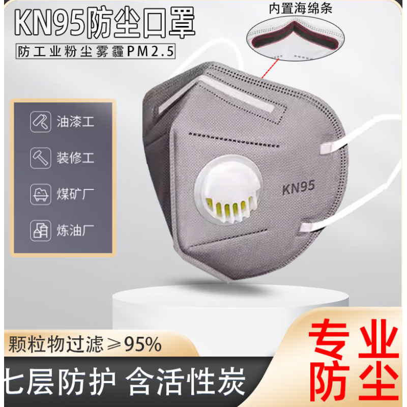 活性炭口罩kn95级口罩七7层加厚防尘防工业粉尘kn95高效打磨带阀