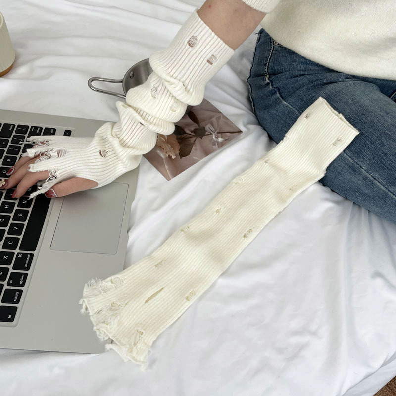 日本品质（破洞设计）韩版分指手套外出骑行防晒防寒针织破洞袖套