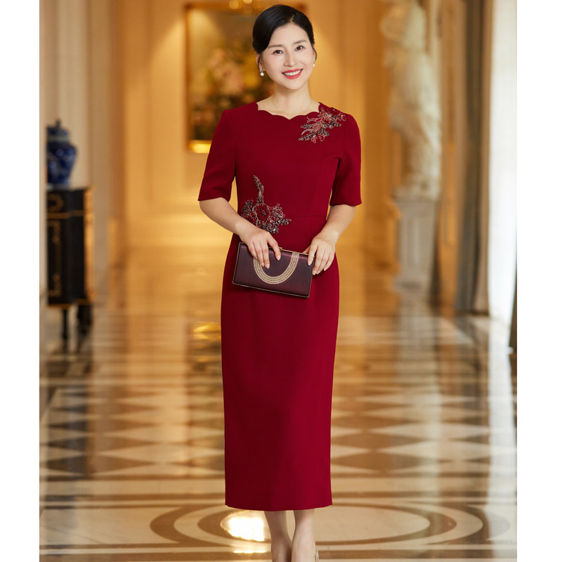 春夏婚礼中长款高贵喜妈妈婆婆修身礼服妈妈宴会礼服连衣裙婚宴装