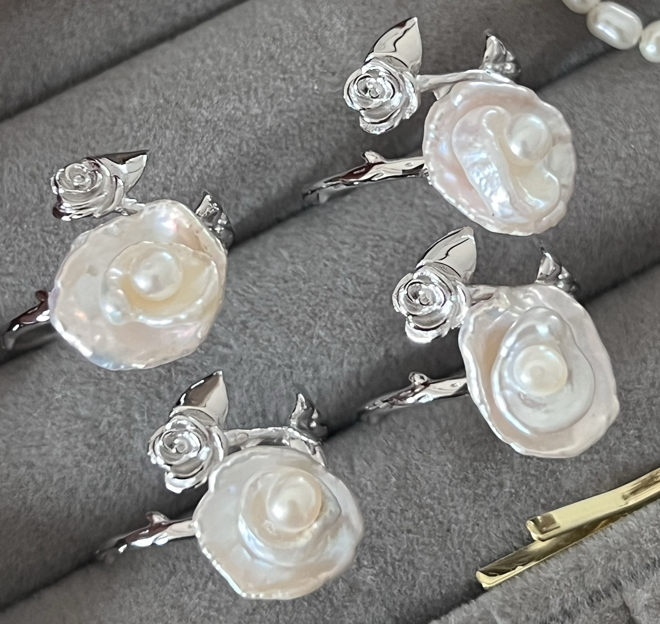 天然淡水珍珠戒指s925纯银戒指ins风小众设计叠戴戒指玫瑰花戒指