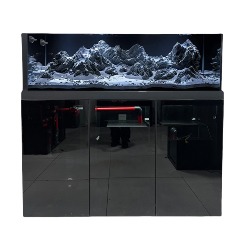 热销极窄溪流缸金晶超白鱼缸南美水刀底滤黑白灰色简约工业风客厅